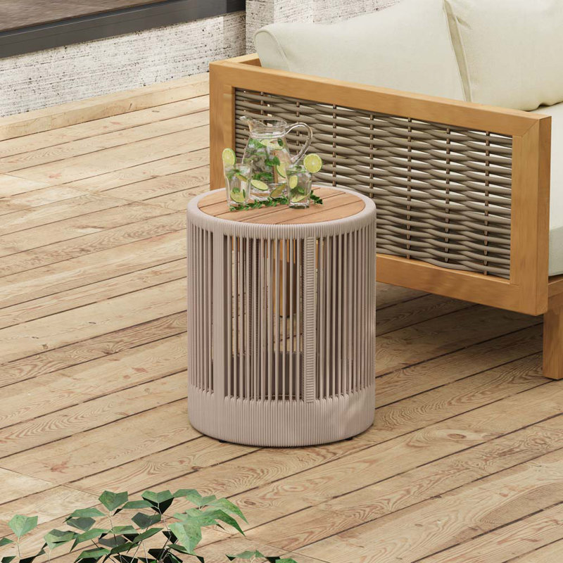 Table d'appoint d'extérieur en corde de rotin et bois d'acacia, Beige