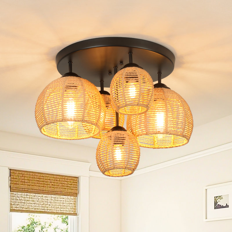 Aarzo - Handwoven Rattan 5-Light Semi Flush Mount Ceiling Light with Layered Cluster Silhouette Boho Farmhouse Style