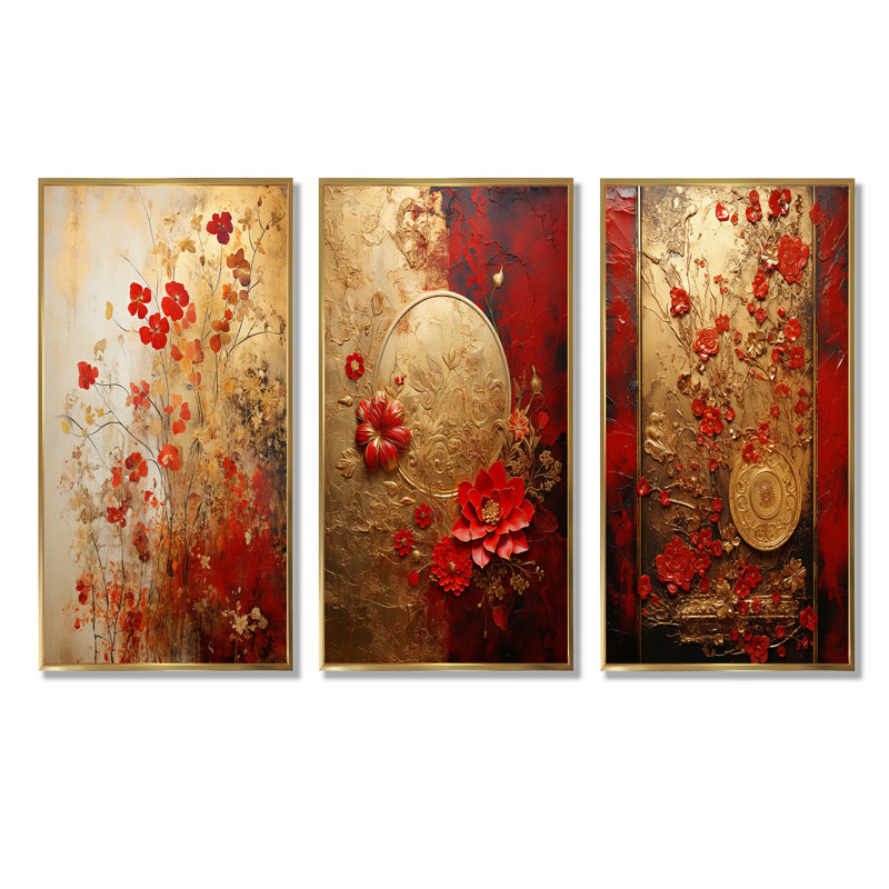 «God And Red Floral Japanese Tiles I», ensemble de 3 reproductions d'art sur toile, Cadre flottant doré, H 40 po x l 60 po