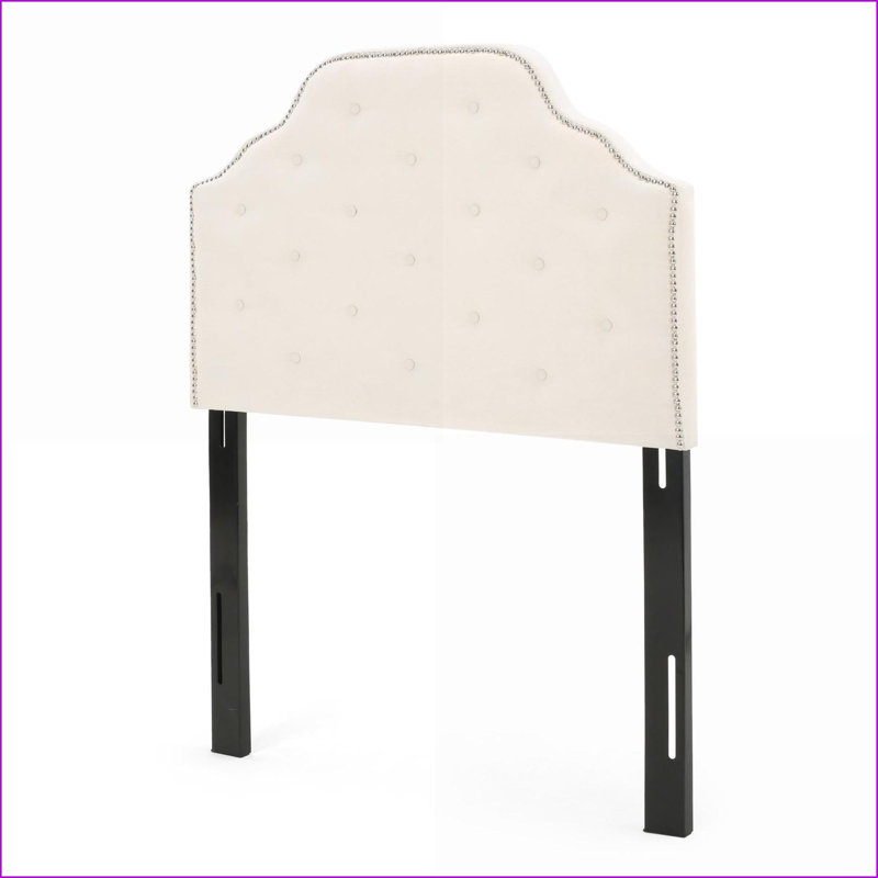 Tête de lit simple rembourrée en bois massif avec pieds en métal, capitonnage à hauteur réglable Garniture cloutée, tissu semblable au lin pour chambre à coucher