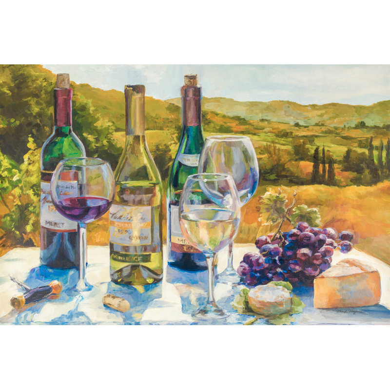 Vin et fromage au-dessus du vignoble, raisin, vert, bleu, H 24 po x l 48 po x P 1,5 po