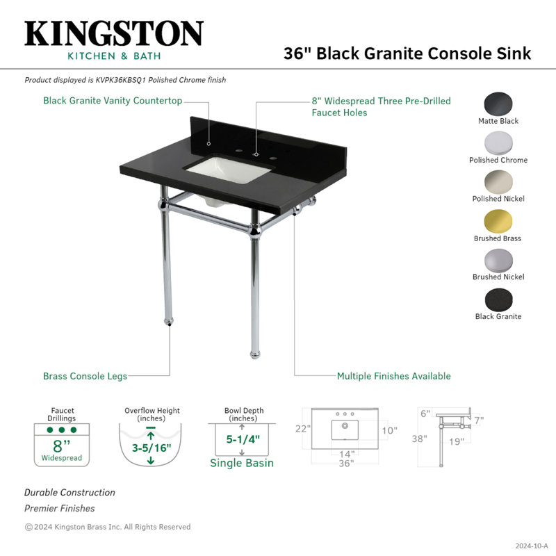 Kingston Brass Templeton 36-Inch Black Granite Console Sink with Brass Legs (8-Inch, 3-Hole), Black Granite/Polished Chrome