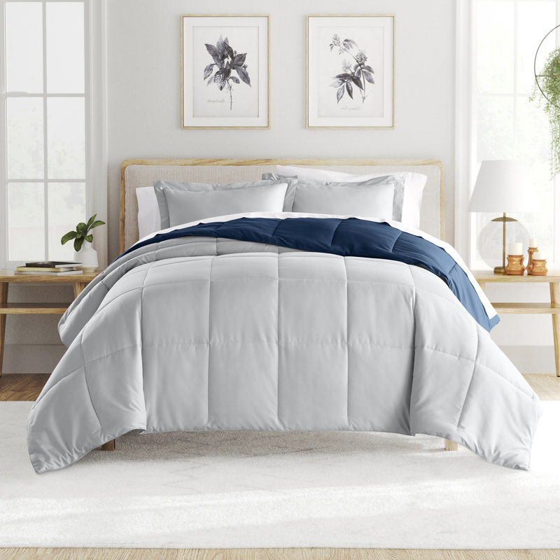 Reversible Down-Alternative Comforter Bedding Set, Full/Queen Comforter + 2 Shams, Navy