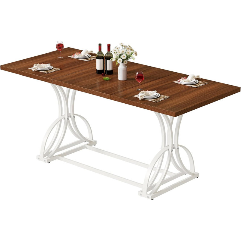 70.3" Large Modern Dining Table For 6-8 People, Rectangular Walnut Kitchen Dining Room Table With Thick Tabletop And White Geometric Metal Legs, Farmhouse Wood Dinner Tables