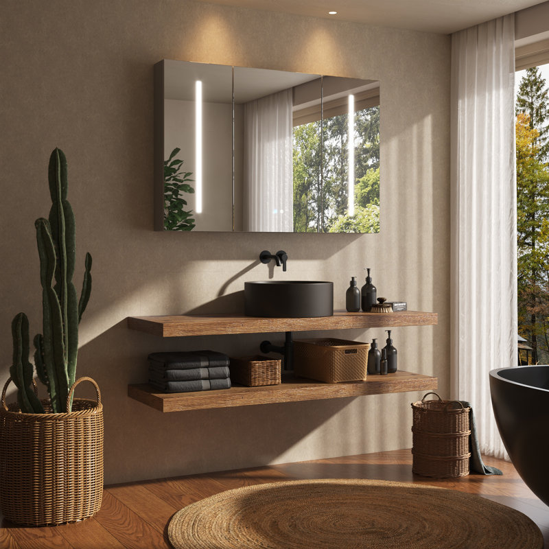 Armoire à miroir intelligente l 48 po x H 32 po avec triple éclairage, désembueur, assainisseur UV et prise intégrée, conception à 3 portes et tablette en verre réglable