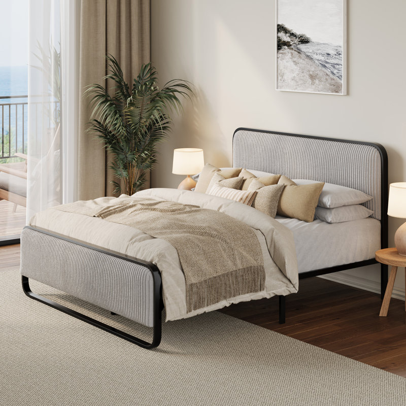 Lit double en velours côtelé gris clair Arnasia, Double, Light Grey