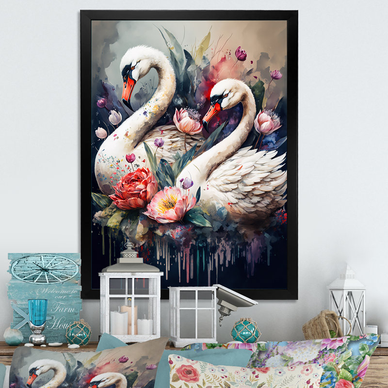 Cute Swans Floral Art I " Cute Swans Floral Art I ", 12" W x 20" H, Black Picture Framed Canvas