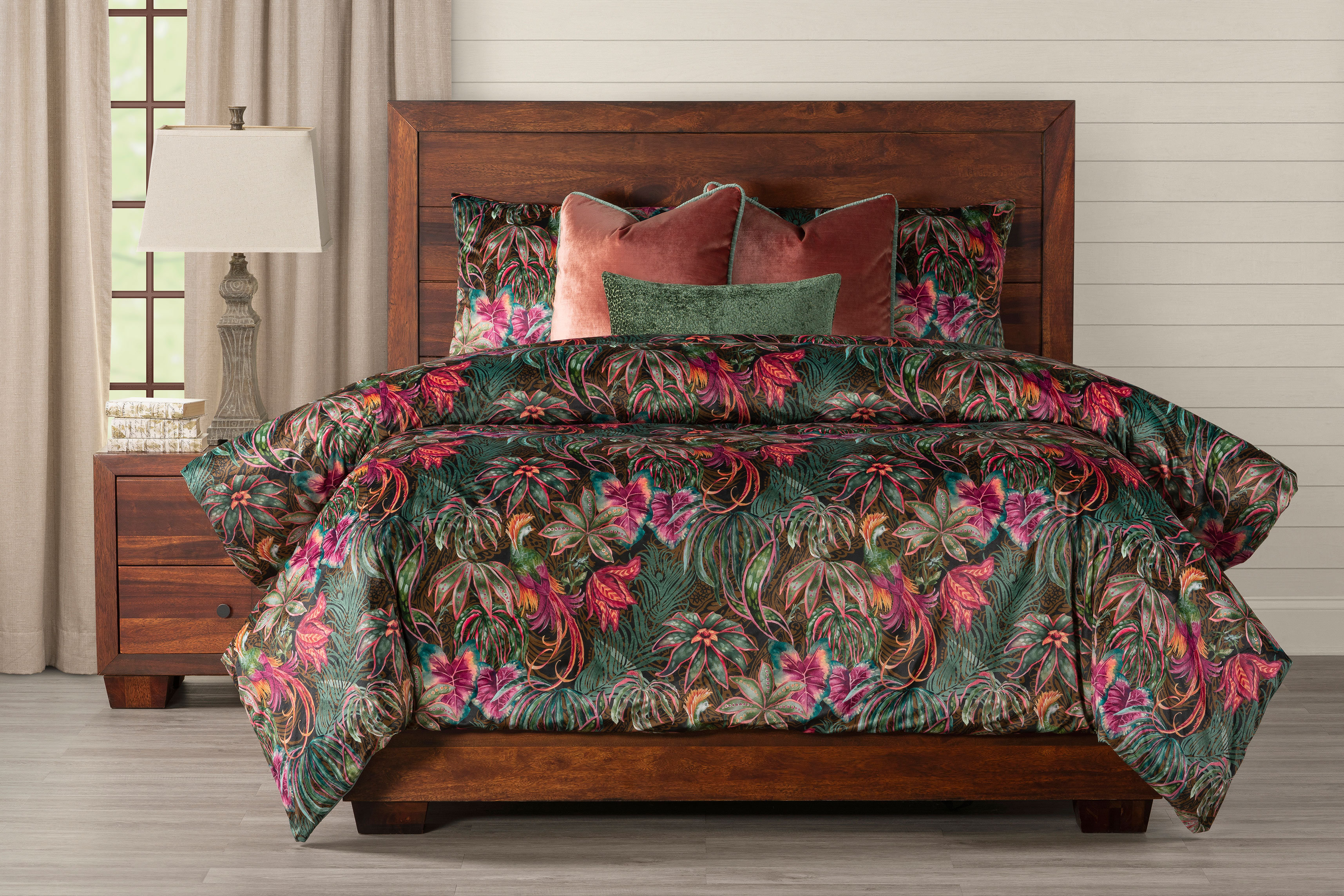 Tropical Floral Print Velvet Duvet Cover Set - Queen Duvet Cover + 2 Queen Shams