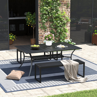 Durable Outdoor Dining Set for Patio | 38'' W X 60'' L Dining Table with Umbrella Hole + 2 Benches