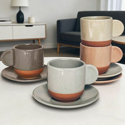Ensemble de 4 tasses à café et soucoupes à espresso en céramique de 4 oz de style italien, porcelaine boho moderne, allant au micro-ondes pour la cuisine ou le café