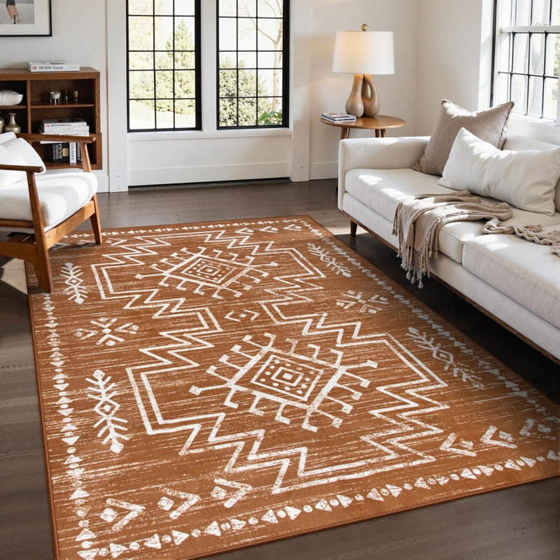Terracotta White Southwestern Geometric 5 × 7 Ft Area Rug for Entryway Kitchen