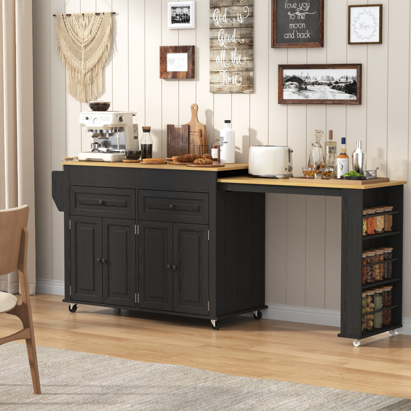 80.63" Extendable Kitchen Island With Power Outlet, 2 Storage Drawers, Open Shelves, Black