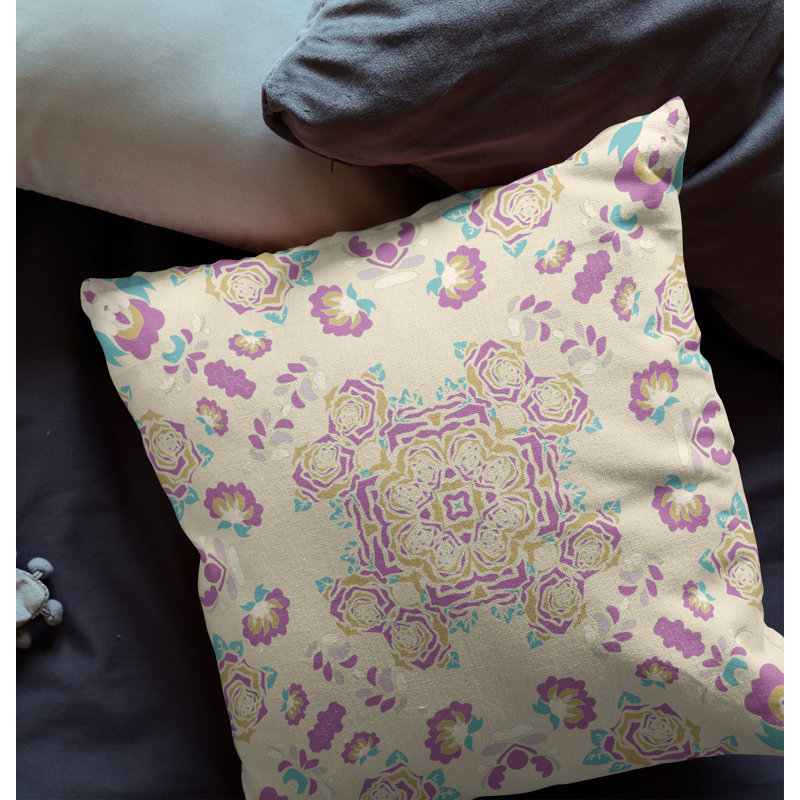  Housse et insert de coussin carré rose, 16 po x 16 po, Blanc cassé / Mauve