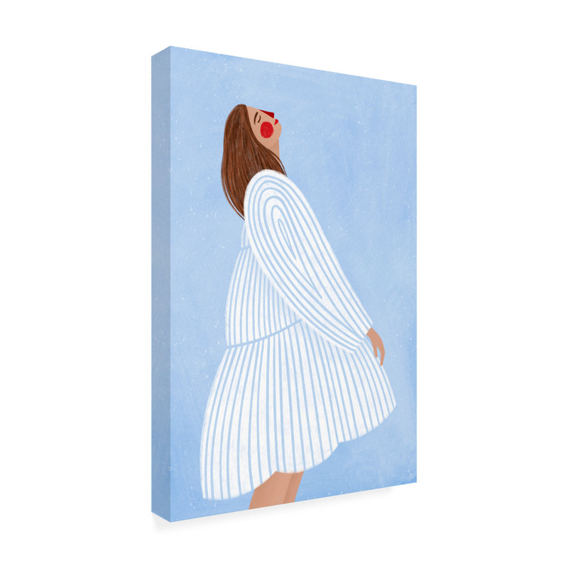 Œuvre sur toile «Bachelor», la femme aux rayures bleues, H 19 po x l 12 po