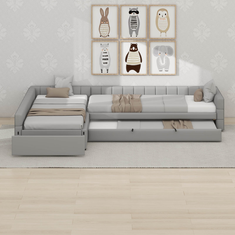 Lit simple en L en forme de L avec lit gigogne et tiroir, canapé en L revêtu de velours avec support en lattes de bois, Gris