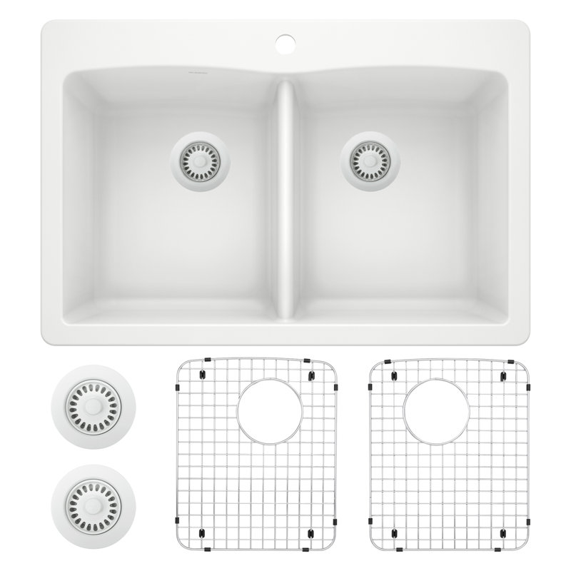 Diamond 33" L x 22" W Double Basin Dual Mount Kitchen Sink with Accessories, White