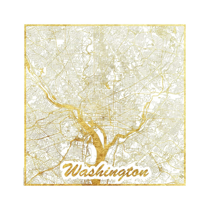 Washington, D.C. Gold Leaf Urban Blueprint Map 1 Piece Wrapped Canvas Wall Art, 66.04 cm H x 66.04 cm W x 3.175 cm D