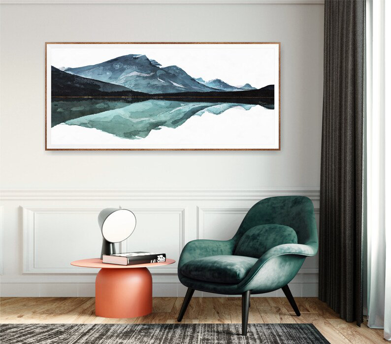 Vue panoramique sur la vallée de la montagne verte et bleue, reproduction d'art à l'aquarelle, Misty Rolling Hills
