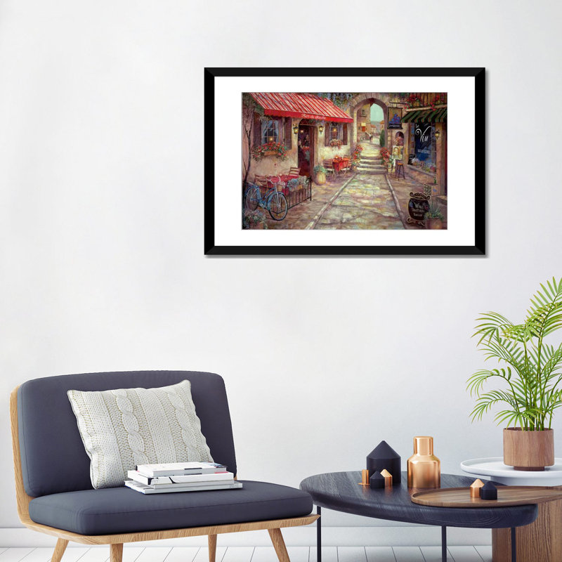 «Bar Du Marche» par Ruane Manning - reproduction sur toile tendue, H 24 po x l 32 po x P 1 po, Papier avec cadre noir, Blanc