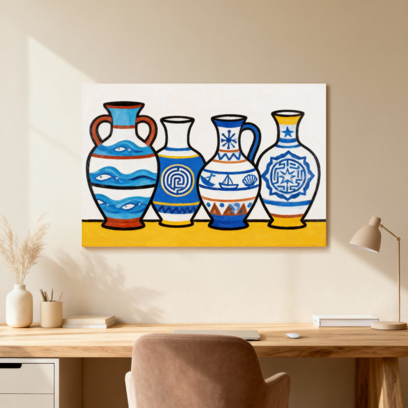Vases colorés avec des motifs bleus et blancs, H 12 po x l 18 po, Toile tendue, Ne s’applique pas