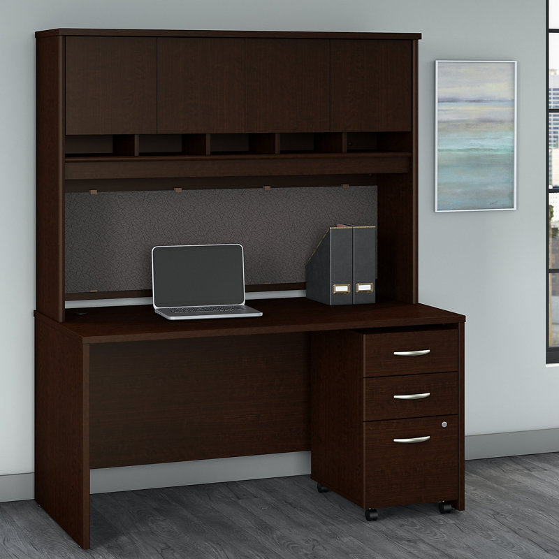 Series C 60W x 30D Office Desk with Hutch and Mobile File Cabinet, Hansen Cherry/Graphite Gray