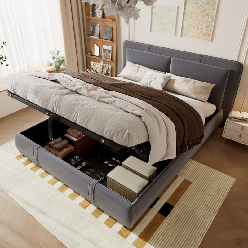Velvet Upholstered Bed With Hydraulic Storage - 3Ft (90Cm), Double (4'6), Grey