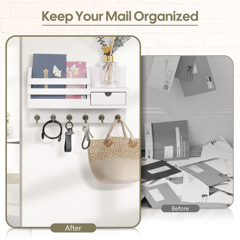 White Wooden Wall-Mounted Key and Mail Organizer with Drawer