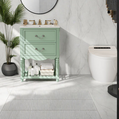 Meuble-lavabo rétro vert avec lavabo en céramique, élégance de salle de bain rétro