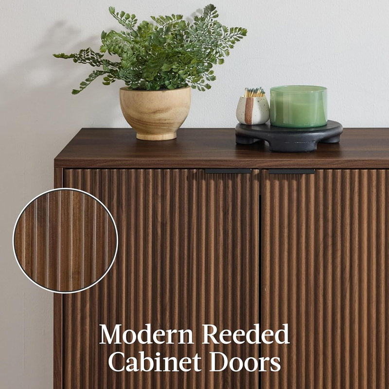 Armoire de rangement moderne à 2 portes, buffet, buffet, armoire multimédia, armoire, table d'appoint, bibliothèque avec panneaux Reeded et tablettes réglables - noyer