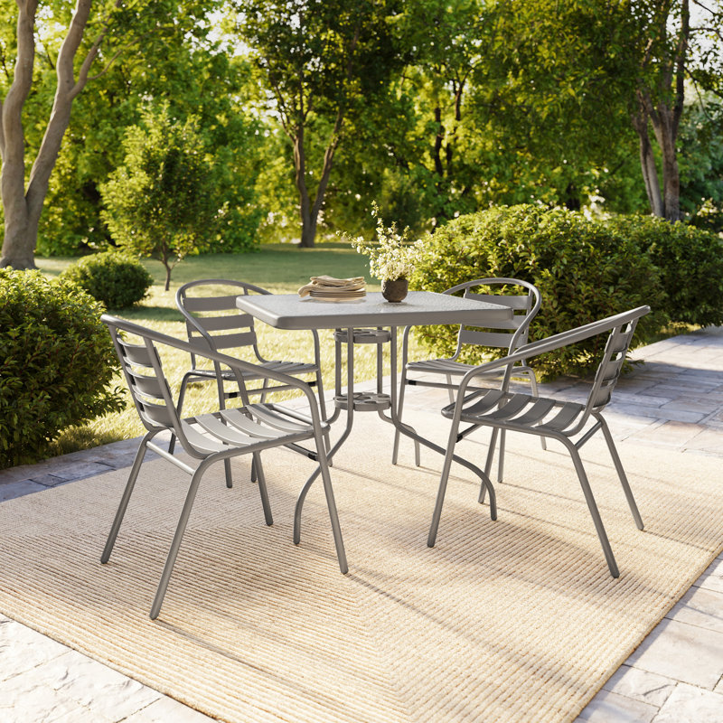 Amlie 31.5" Square Glass Dining Table with 4 Aluminum Chairs, Silver