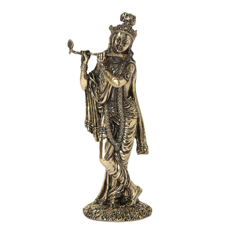 Superbe statue de seigneur Krishna en laiton - Joueur de flûte debout, dieu indou fabriqué à la main, sculpture artistique classique