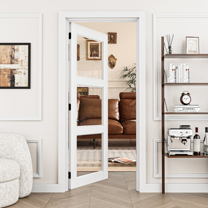 Slab Door 3 Panel Clear Glass Interior Pantry  Door With Jamb And Seal-Strip, 18" x 80", Left, White/Black