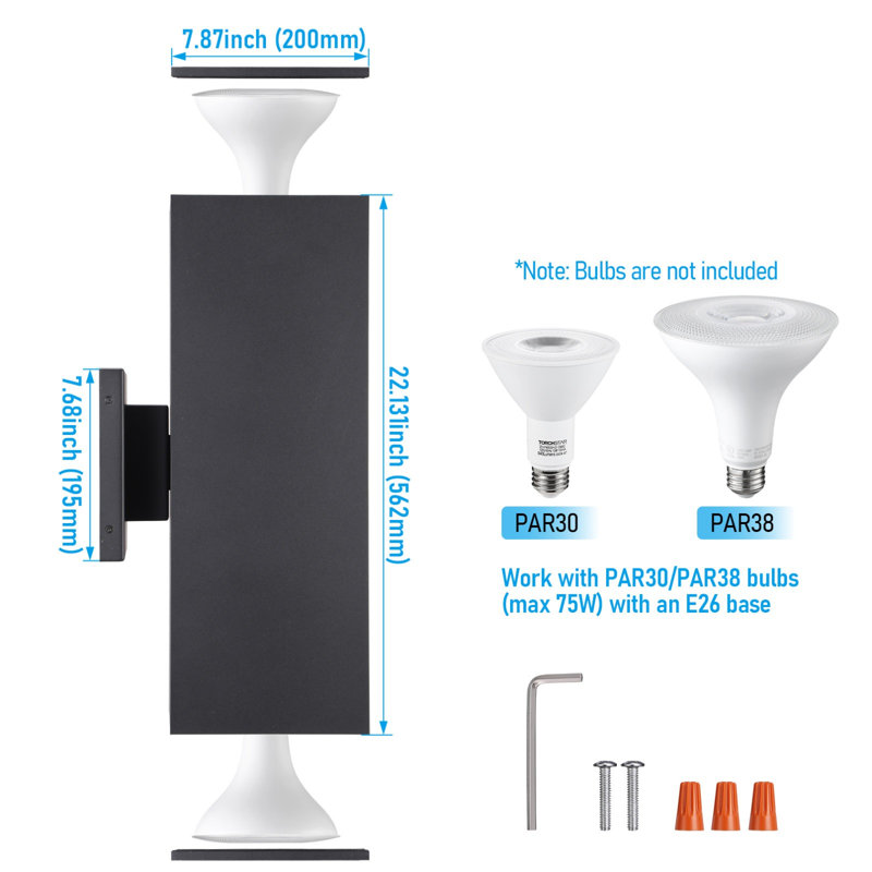 22" LED Up Down Wall Sconces, Outdoor Integrated Wall Light, Modern Exterior Porch Lights, Max 75W E26 Base, ETL Listed, Matte Black