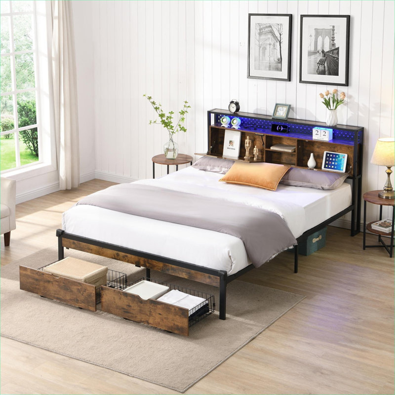 Pour la chambre à coucher, lit plateforme double, panneau de fibres à densité moyenne de couleur noire et métal avec charge intégrée et rangement sous le lit
