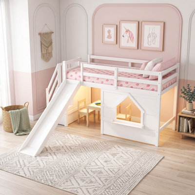 Lit mezzanine simple avec escalier de rangement, glissade et sept lumières DEL de couleur