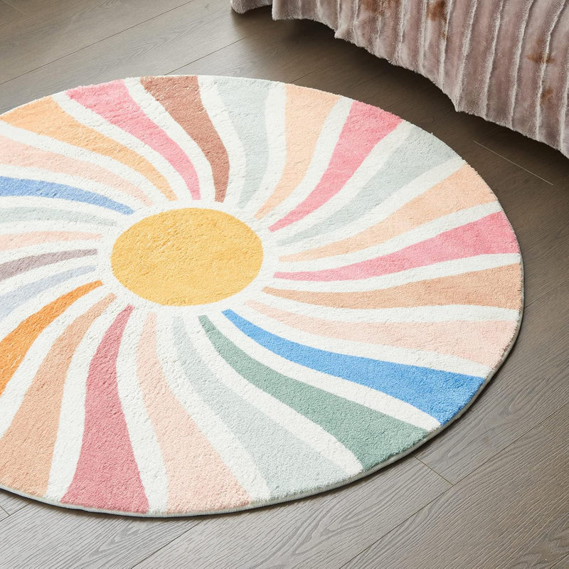 Tapis Sun Sun, tapis multicolores lavables pour le salon, la chambre à coucher, Rond 3 pi 11 po
