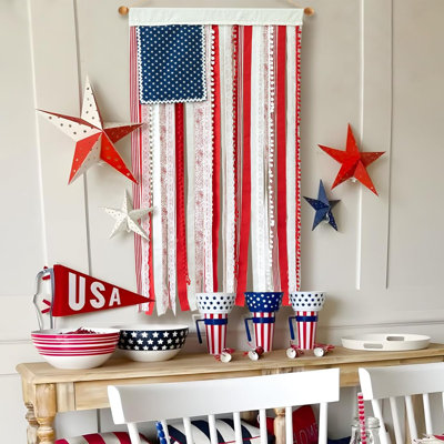 Handmade Rag American Flag 4 X 2.3 Ft – Rustic Patriotic Bunting With Lace & Vintage Fabric, Easy Hang Sleeve & Twine, For Memorial Day, 4Th Of July, 250Th Anniversary Decor
