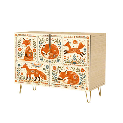 Sideboard Buffet Cabinet with 2 Doors Decorative Folk Art Foxes Floral Patterns Warm Orange Blue Tones Modern Accent Console Table Standing Wooden Storage Cupboard Credenza for Kitchen Dining Room Living Room Entryway Coffee Bar Station