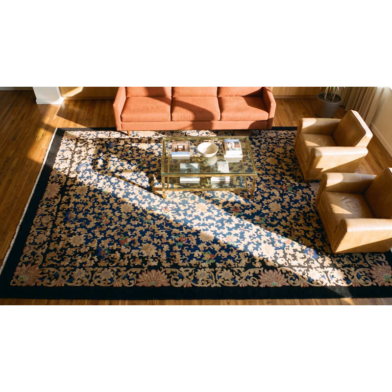 Tapis noué à la main chinois antique en laine bleue des années 1900