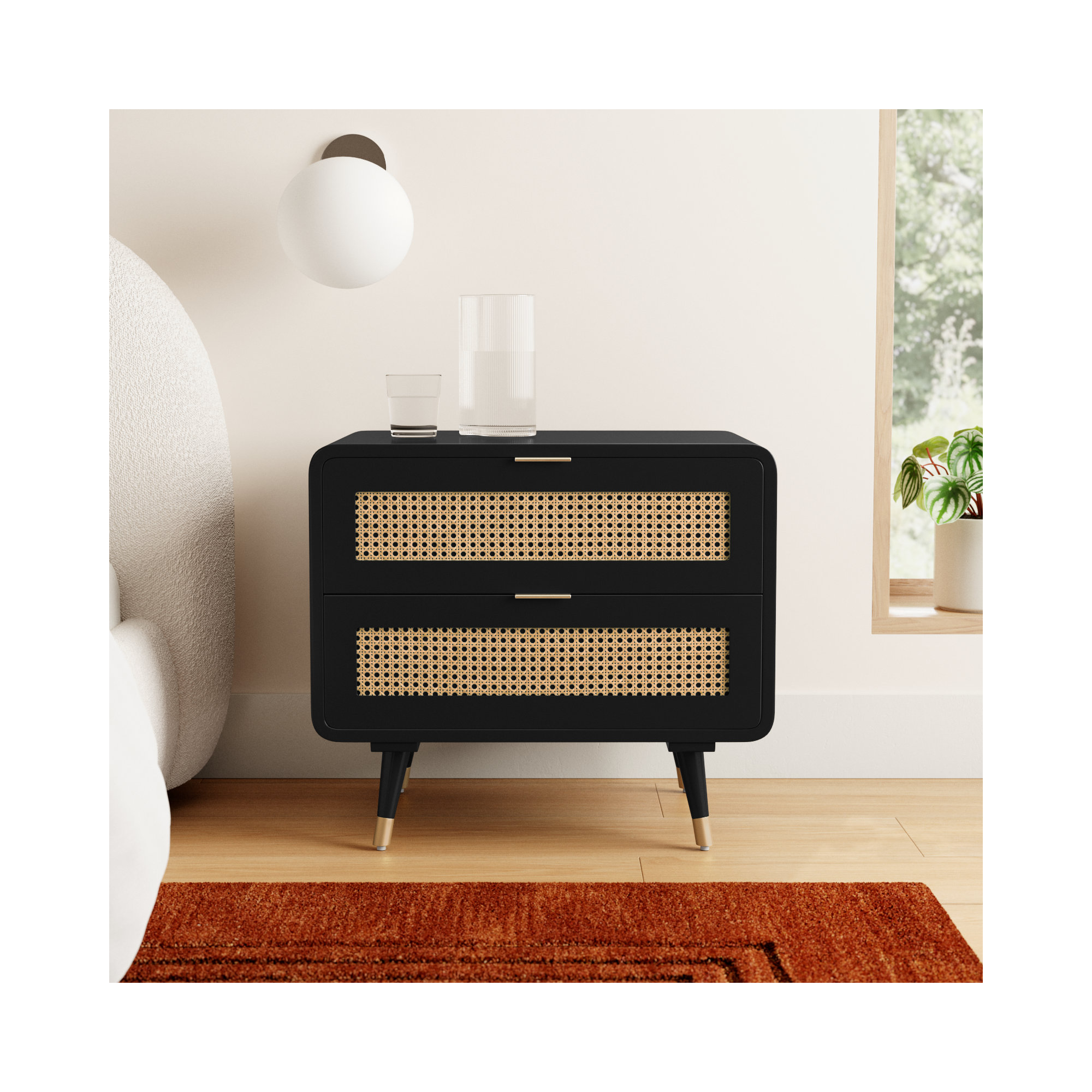 2 - Drawer Nightstand in Black/Natural/Brass