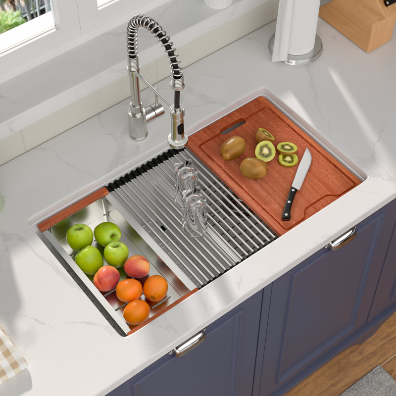 33"L*19"W*9.65"H Quartz Kitchen Sink Undermount Double Bowl Sink Workstation Low-divider Sink with Accessories, White