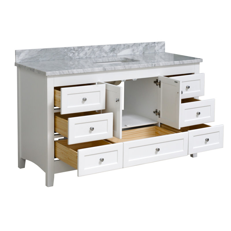 Edber 60'' Single Bathroom Vanity with Top, White, Carrara Marble