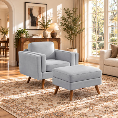 Mid-Century Modern 2-Piece Living Room Sofa Set, Includes Ottoman & Armchair, Tapered Wood Legs