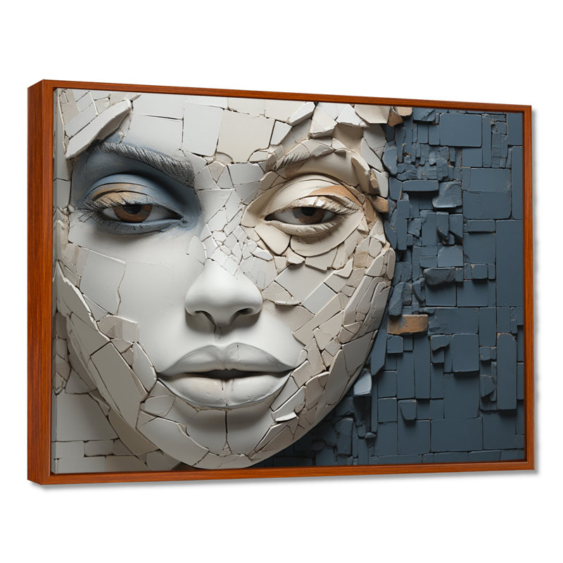 «Blue and beige», femme africaine, collage - art africain, décoration murale, H 12 po x l 20 po x P 1 po, Cadre flottant brun