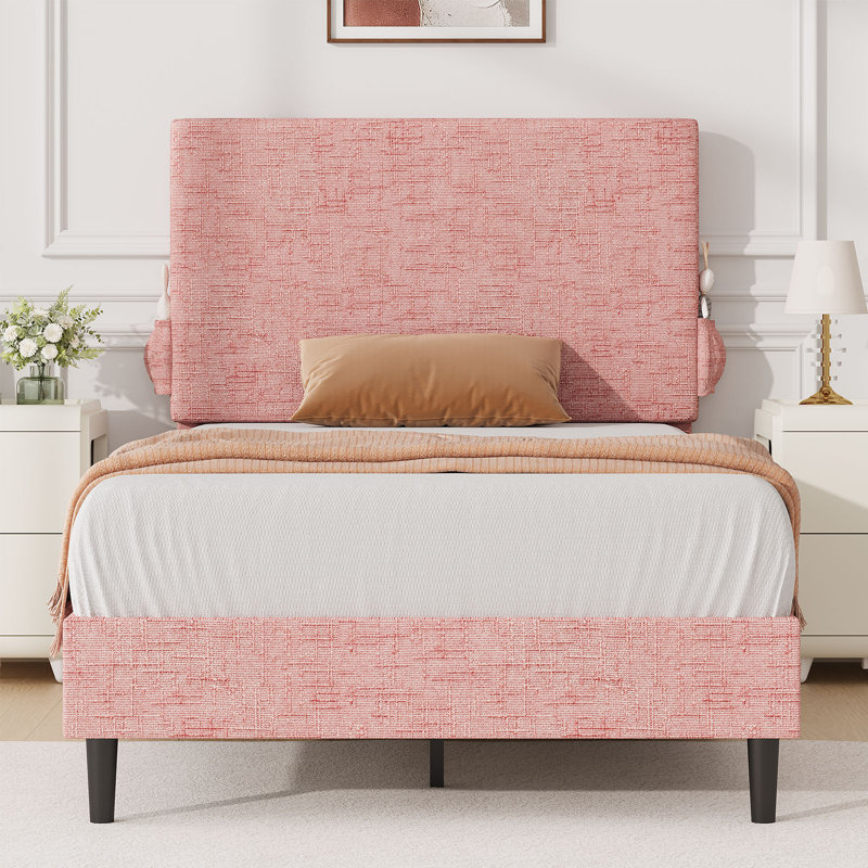 Chenille Fabric Platform Bed Bed Frame With Upholstered Headboard, Pink