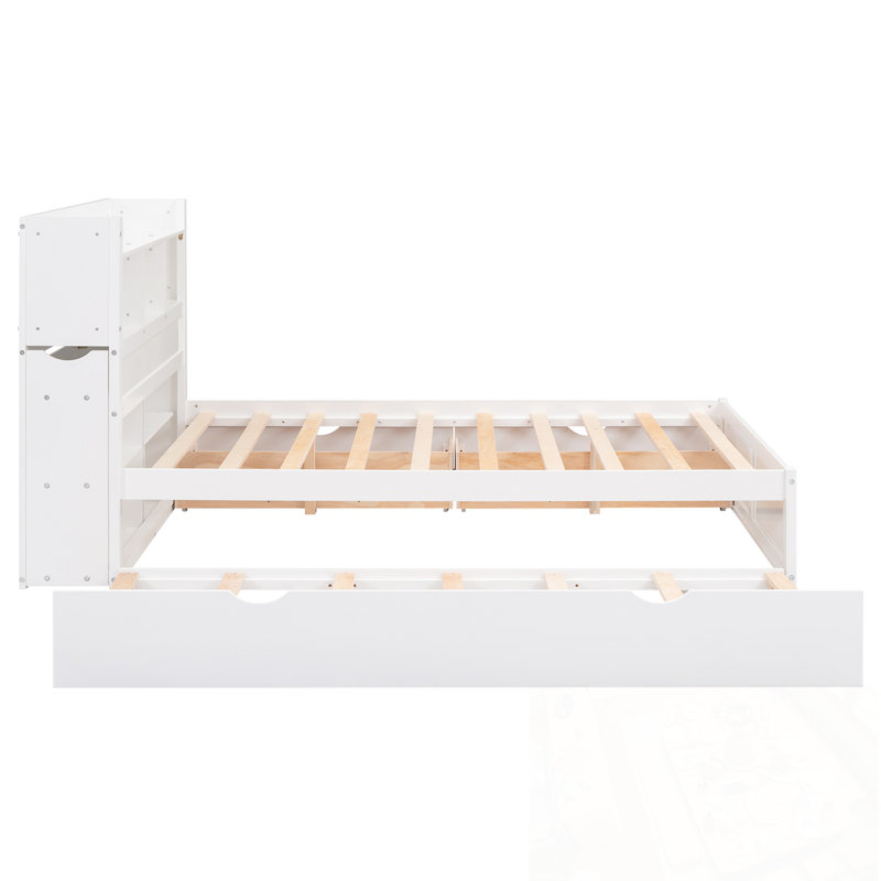 Lit plateforme pleine grandeur avec tablettes coulissantes, lit gigogne simple et 2 tiroirs, Blanc