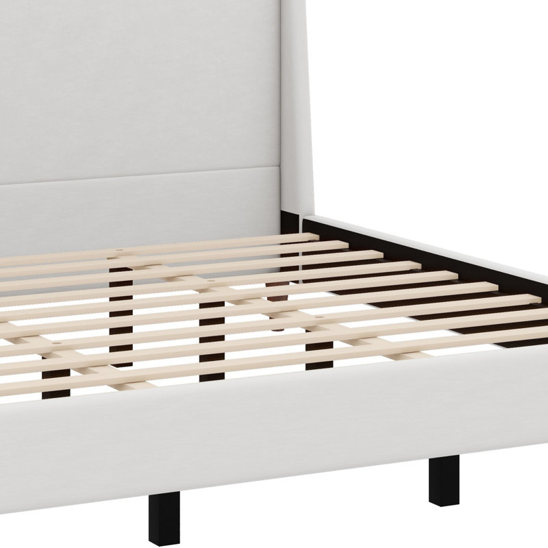 Lit plateforme tapissier avec tête de lit à oreilles et pieds en bois, Très grand lit, Ivoire ivoire