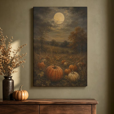 Citrouilles dans un champ sous la pleine lune, tableau impressionniste à l'huile sur toile tendue sur châssis, 61 cm x 91 cm, prêt à accrocher.