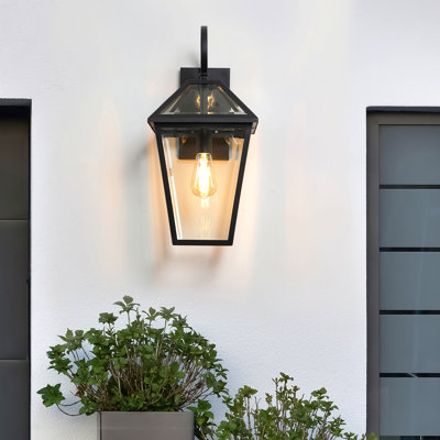 21"(H) Outdoor Wall Lantern Light – Modern Black Metal & Clear Glass Sconce For Porch, Patio, And Garden Lighting (Bulb Not Included)