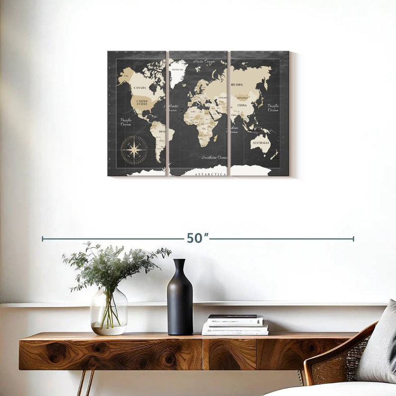 " Dark Grid World Map " 3 - Pieces, 20" H x 33" W x 1.25" D